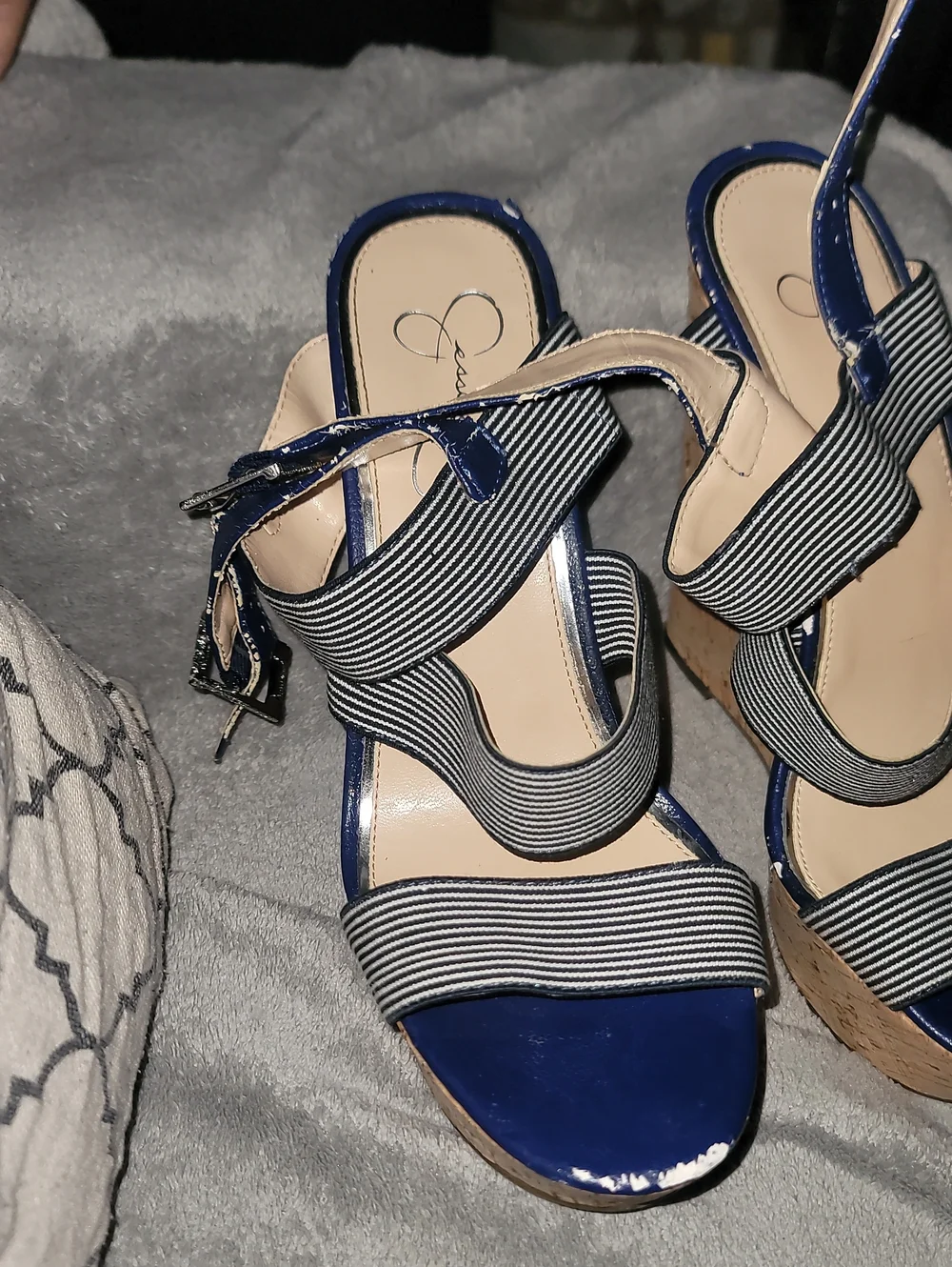 Navy Blue Striped Wedge Sandals